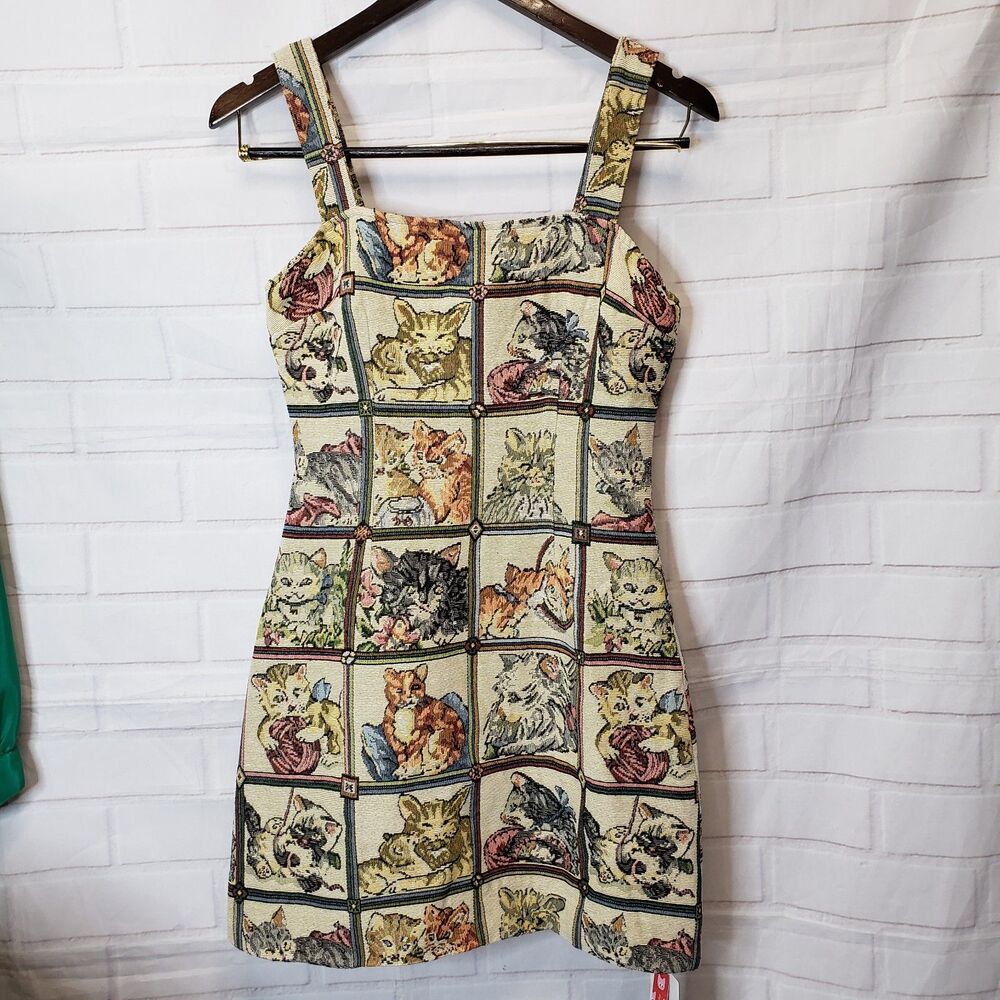 Cider Cat Lover Tapestry Mini Dress NWT Size XS Patchwork Kitten Pinafore Retro - Picture 2 of 6